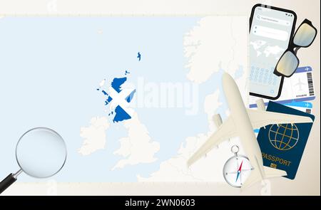 Carte et drapeau de l'Écosse, avion cargo sur la carte détaillée de l'Écosse avec drapeau, passeport, loupe et avion. Modèle vectoriel. Illustration de Vecteur