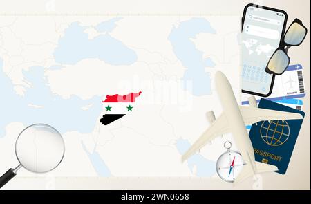 Syrie carte et drapeau, avion cargo sur la carte détaillée de la Syrie avec drapeau, passeport, loupe et avion. Modèle vectoriel. Illustration de Vecteur