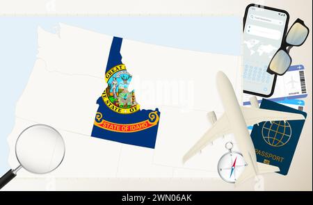 Carte et drapeau de l'Idaho, avion cargo sur la carte détaillée de l'Idaho avec drapeau, passeport, loupe et avion. Modèle vectoriel. Illustration de Vecteur