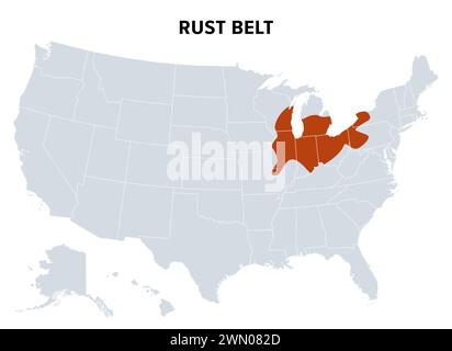 Ceinture de rouille des États-Unis, carte politique. Région du Nord-est et du Midwest des États-Unis, connaissant un déclin industriel et économique. Banque D'Images