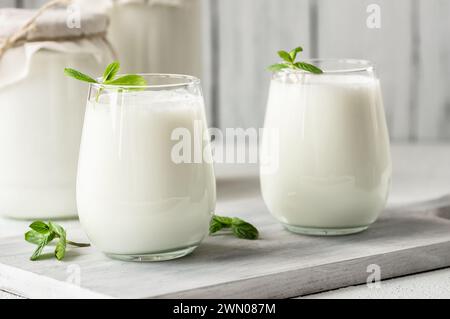 Tasse de verre de boisson traditionnelle turque ayran , kéfir ou babeurre à base de yaourt, nourriture saine Banque D'Images