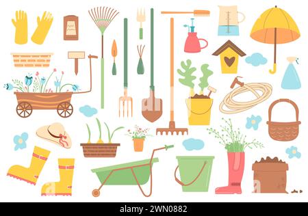 Jeu de bannières carrées pour outils de jardinage. Agriculture composition des éléments saisonniers. Matériel d'horticulture de printemps. Plantation et travail dans la cour arrière. Graines, sho Illustration de Vecteur