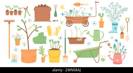 Ensemble de vecteur de jardinage isolé sur fond blanc. Matériel d'horticulture de printemps. Plantation et travail dans la couverture de cour arrière. Graines, pelle à brouette et o Illustration de Vecteur