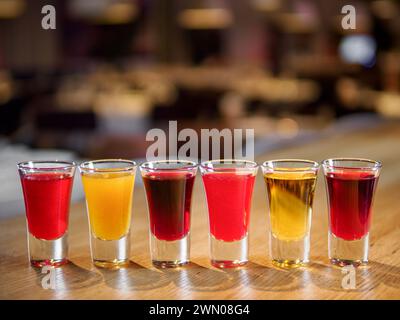 Ensemble de différents amers et liqueurs colorés dans des verres à grenaille sur le comptoir de bar. Collection de tireurs. Sélection de teintures alcooliques naturelles de baies dans des verres. Différents amers et liqueurs Banque D'Images