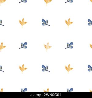 Motif minimaliste aquarelle avec des feuilles, des branches, dessiné à la main. Jaune, bleu sur fond blanc. Banque D'Images