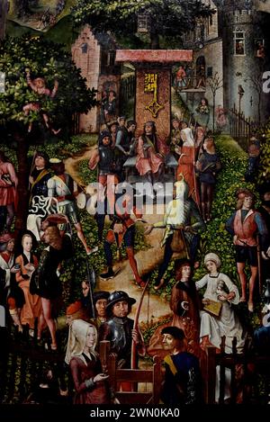 Festival des Archers - Schuttersfeest 1493 de Meister von Frankfurt , Meester van Frankfurt, Musée Royal des Beaux-Arts, Anvers, Belgique, Belgique. ( Au XVe siècle, les villes des pays-Bas comptaient sur les milices civiques pour aider à maintenir l'ordre public. Des guildes armées comme celle-ci ont également représenté leur ville lors de festivités ailleurs, et ont organisé des compétitions et des fêtes de leurs propres. Un festival très fréquenté organisé par l’une des quatre compagnies d’arbalète d’Anvers est ce que nous voyons ici. L'hôte était la «Guilde de l'ancien Handbow», qui a possédé la peinture pendant de nombreuses années. Banque D'Images