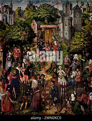 Festival des Archers - Schuttersfeest 1493 de Meister von Frankfurt , Meester van Frankfurt, Musée Royal des Beaux-Arts, Anvers, Belgique, Belgique. ( Au XVe siècle, les villes des pays-Bas comptaient sur les milices civiques pour aider à maintenir l'ordre public. Des guildes armées comme celle-ci ont également représenté leur ville lors de festivités ailleurs, et ont organisé des compétitions et des fêtes de leurs propres. Un festival très fréquenté organisé par l’une des quatre compagnies d’arbalète d’Anvers est ce que nous voyons ici. L'hôte était la «Guilde de l'ancien Handbow», qui a possédé la peinture pendant de nombreuses années. Banque D'Images