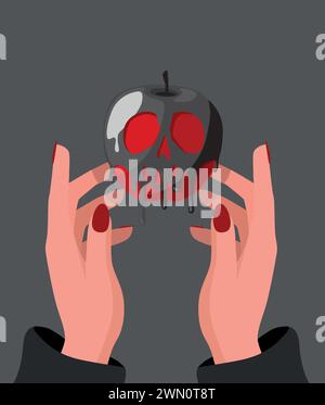 Sorcière tenant une pomme rouge empoisonnée enrobée de poison crânien. Concept d'Halloween blanc neige Illustration de Vecteur