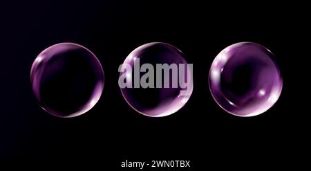 Magique rose fantaisie bulle colorée isolé sur fond noir bulle de savon transparent réaliste Illustration de Vecteur