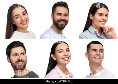 Personnes montrant des dents blanches sur fond blanc, collage de photos Banque D'Images