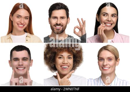 Personnes montrant des dents blanches sur fond blanc, collage de photos Banque D'Images