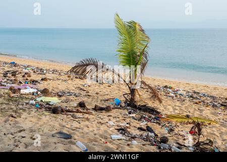 Koh Samui, Thaïlande - 19 janvier 2024 : une plage déserte, jonchée de bouteilles en plastique, d'emballages et d'autres déchets. Banque D'Images