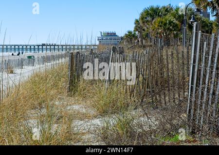 Clôture de sable altérée dans les dunes herbeuses, lointaine jetée de la deuxième Avenue à Myrtle Beach, Caroline du Sud — 21 février 2024 Banque D'Images
