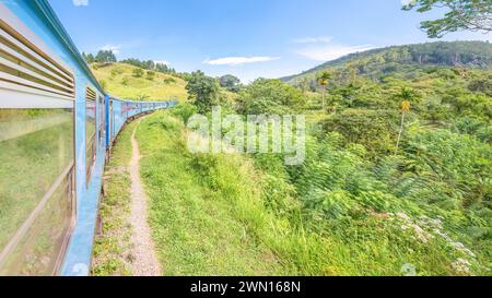 Un train serpente à travers les plantations de thé dans les hauts plateaux du Sri Lanka Banque D'Images