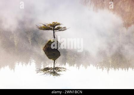 Arbre bonsaï de Fairy Lake (un minuscule sapin Douglas poussant sur une bûche submergée dans le lac Fairy) - Port Renfrew, Île de Vancouver, Colombie-Britannique, Canada Banque D'Images