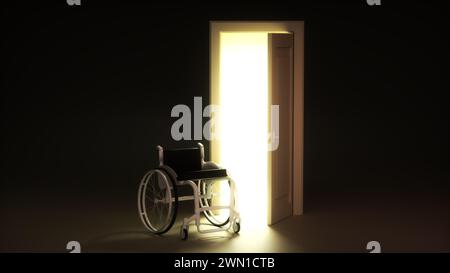 La lumière brille d'une porte éclairant un chariot handicapé dans une pièce sombre. Remplit l'espace avec une lumière blanche brillante. Concept minimaliste moderne. Rendu 3D. Banque D'Images