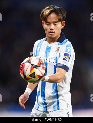 Takefusa Kubo de la Real Sociedad réagit lors du match de Copa El Rey entre la Real Sociedad et le RCD Mallorca au stade Reale Arena le 27 février 2024, Banque D'Images