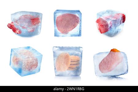 Aliments congelés. Viande différente dans des glaçons isolés sur blanc, mis Banque D'Images