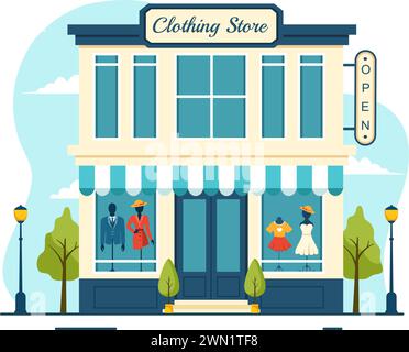 Illustration vectorielle de magasin de vêtements par Shopping pour des vêtements ou des robes pour des styles de mode femmes ou hommes dans la conception de fond de dessin animé plat Illustration de Vecteur