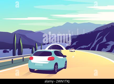 Illustration vectorielle avec des voitures conduisant le long d'une route courbe le long des montagnes avec des éoliennes Illustration de Vecteur