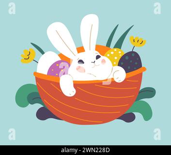 Lapin assis sur le panier avec des œufs et des fleurs Illustration de Vecteur