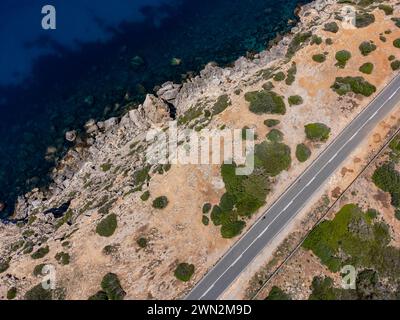 Cyclistes en vue plongeante, Carretera Militar, Cap Blanc, Llucmajor, Mallorca, îles Baléares, Espagne Banque D'Images