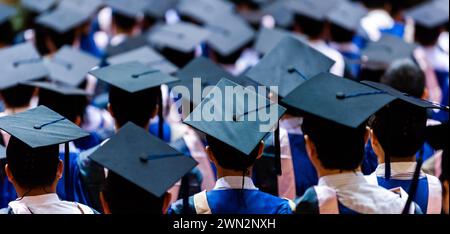 Vue arrière des diplômés universitaires en robes de fin d'études et casquettes Banque D'Images