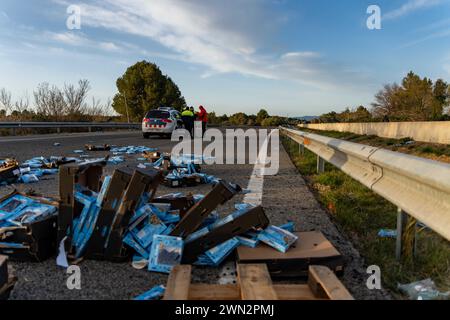 Février, 28, 2024 Pontos, Gérone, Espagne pol Pontos, Gérone, Catalogne, Espagne-blocus de l'AP-7 par les agriculteurs français et catalans. Reste sur la coupe de la route N2 et de l'autoroute AP-7 à Pont-s, près de la frontière entre la France et l'Espagne. Les agriculteurs qui bloquent ces deux routes depuis plus de 24 heures ont l’intention de garder la route fermée jusqu’à ce que le conseiller les rencontre et que le directeur de l’Agence catalane de l’eau démissionne. Aujourd'hui, ils ont également été rejoints par des agriculteurs du sud de la France, de la région de Perpignan, appartenant au syndicat des agriculteurs "Confdration paysanne", qui sont descendus Banque D'Images