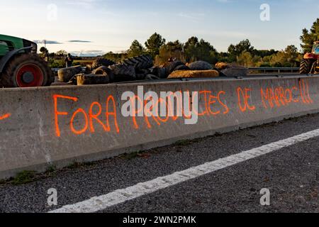 Février, 28, 2024 Pontos, Gérone, Espagne pol Pontos, Gérone, Catalogne, Espagne-blocus de l'AP-7 par les agriculteurs français et catalans. Reste sur la coupe de la route N2 et de l'autoroute AP-7 à Pont-s, près de la frontière entre la France et l'Espagne. Les agriculteurs qui bloquent ces deux routes depuis plus de 24 heures ont l’intention de garder la route fermée jusqu’à ce que le conseiller les rencontre et que le directeur de l’Agence catalane de l’eau démissionne. Aujourd'hui, ils ont également été rejoints par des agriculteurs du sud de la France, de la région de Perpignan, appartenant au syndicat des agriculteurs "Confdration paysanne", qui sont descendus Banque D'Images