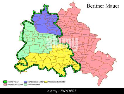 Carte du cours du mur de Berlin avec petits quartiers (Ortsteile) Banque D'Images