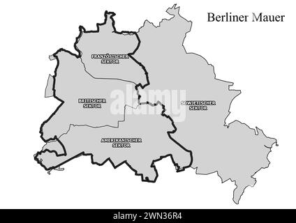 Carte du cours du mur de Berlin avec des quartiers avec des secteurs noir et blanc Banque D'Images