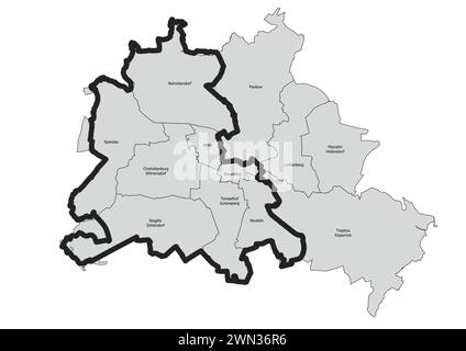 Carte du cours du mur de Berlin avec des quartiers avec des secteurs noir et blanc Banque D'Images