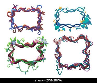 Cadres fabriqués à partir de liane de vigne avec des feuilles et des fleurs. Ensemble de vecteur de dessin animé de frontières de branches de plantes de la jungle. Végétation rampante d'arbres de forêt tropicale suspendue sous forme de boîte rectangulaire et badge. Illustration de Vecteur
