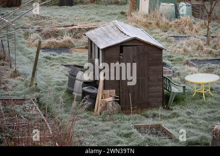 Un abri de jardin d'allotissement en hiver, Royaume-Uni Banque D'Images