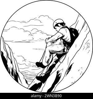 Illustration d'un grimpeur grimpant sur une falaise placée à l'intérieur d'un cercle sur fond isolé fait en noir et blanc. Illustration de Vecteur