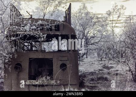 Vue de face d'un bus touristique abandonné et rouillé dans une forêt, capture dans l'infrarouge Banque D'Images