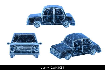 Voiture avec lignes de structure bleues, rendu 3D. Illustration 3D. Banque D'Images