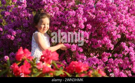 12/03/14 Maggie Welsh, 6 ans, s'émerveille devant les rhododendrons fleurissant plus de deux semaines plus tôt que d'habitude à Lea Gardens près de Matlock, Derbyshire. Tous Banque D'Images