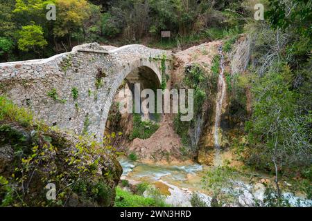 Un pont en arc historique avec une petite cascade adjacente dans une forêt, pont de Platanias sur la rivière Neda, Péloponnèse, Grèce Banque D'Images