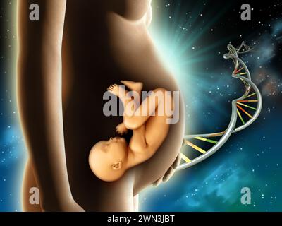 Les matériaux de construction pour une nouvelle vie provenaient de l'espace. Femme portant un fœtus dans son ventre. Illustration numérique. Banque D'Images