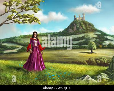 Jeune princesse marchant dans un beau paysage de campagne. Un château surplombe la scène depuis une colline voisine. Illustration numérique. Banque D'Images