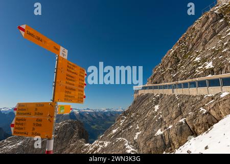 Panneaux d'information sur les sentiers de randonnée, vue sur les Alpes Appenzell depuis le sommet alpin de Saentis, à 2505 mètres d'altitude, Schwaegalp Banque D'Images