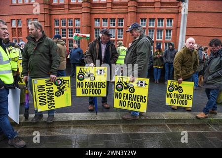 29 février 2024, Cardiff, pays de Galles. Les agriculteurs participent à une manifestation dans la capitale galloise Cardiff, à l'extérieur du Senedd. Les agriculteurs ont organisé la manifestation pour montrer leurs objections à une réforme majeure des subventions agricoles au pays de Galles, connue sous le nom de Sustainable Farming Scheme (SFS), que hans a qualifié d'« inapplicable » par les syndicats. Banque D'Images