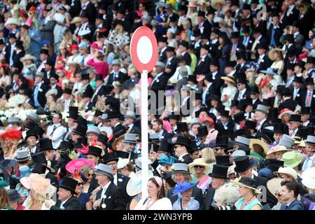 21.06.2023, Ascot, Windsor, GBR - Elegant gekleidete Menschen beim Pferderennen Royal Ascot. Ascot, aussen, Aussenaufnahme, Besucher, élégant, Eleganz, England, englisch, Europa, europaeisch, Fashion, Feminin, Frauen, Gesellschaft, Grossbritannien, Gruppe, haute Société, Huete, Hut, Jahreszeit, Kaukasier, kaukasisch, Kopfbedeckungen, Maenner, Menschen, Menschenmenge, mode, modisch, Personen, Pferderennen, Publikum, QF, Querformat, Rennbahnbesucher, Royal Ascot, Sommer, Royaume-Uni, Vereinigtes Koenigreich, viele, Westeuropa, Windsor, Ziel, Zielpfosten, Zuschauer, Zuschauermenge, Zylinder 230 Banque D'Images