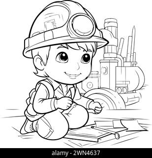 Coloriage Aperçu d'un garçon de pompier de dessin animé mignon Illustration de Vecteur