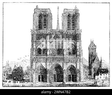 Vue de la façade ouest de la cathédrale notre-Dame de Paris, telle qu'elle a pu se présenter aux XIIe et XIIIe siècles : gravure de la vie des saints par le révérend Sabin Baring-Gould, publiée en 1898 Banque D'Images