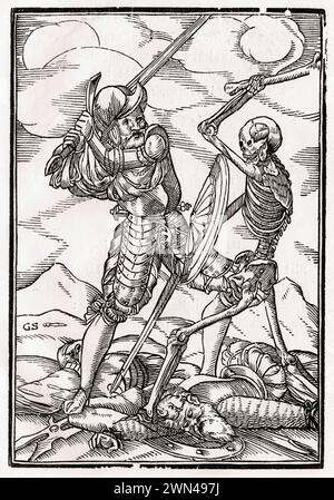 Der Tod kommt zum Soldaten Holzschnitt von Georg Scharffenberg nach Hans Holbein d. J. Aus Der Todten Tanz, erschienen Basel 1843 / Death Comes to the Banque D'Images