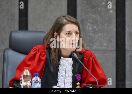 Nivelles, Belgique. 29 février 2024. Présidente du tribunal Sophie Leclercq photographiée lors de la séance avec la constitution du jury, pour le procès d’assises de A. Ben Abdeslam, à la cour d’assises de Bruxelles-capitale, transférée à Nivelles (Nijvel), jeudi 29 février 2024. BELGA PHOTO NICOLAS MAETERLINCK crédit : Belga News Agency/Alamy Live News Banque D'Images