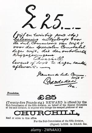 Wanted Dead or Alive-Plakat für den entkommenen Kriegsgefangenen Churchill während des Burenkriegs Aus : a Roving Commission von Winston S. Churchill, Banque D'Images