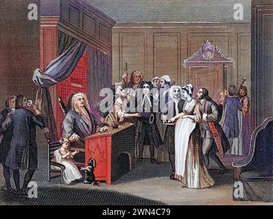 Femme jurant un enfant à un citoyen grave à partir des œuvres de Hogarth publié Londres 1833 , Historisch, digital restaurierte Reproduktion von einer vo Banque D'Images